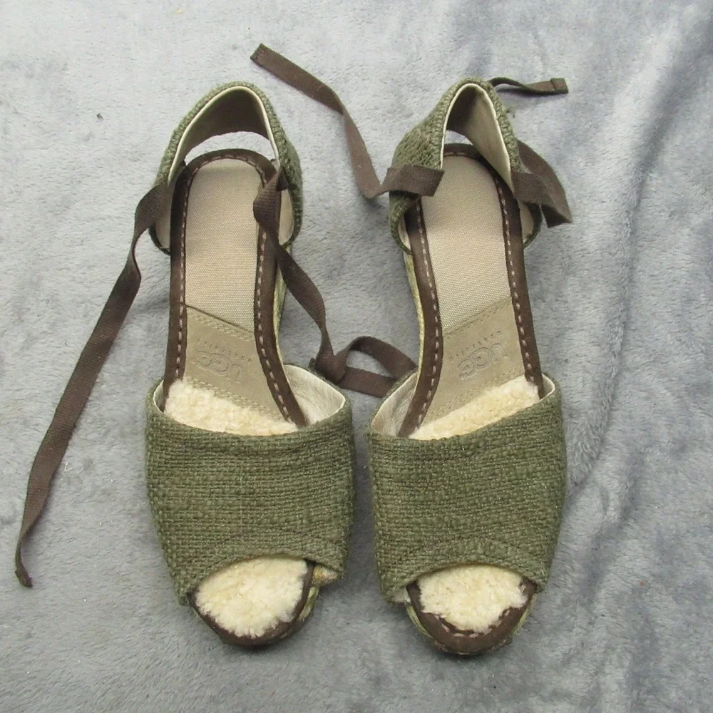 UGG Sandals Women 8 Green Sheepskin Australia Espadrille Wedge Delmar Jute Ankle